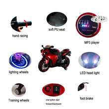Load image into Gallery viewer, TAMCO-T1 red kids 12V motorcycle wheels with light, hand drive , PU seat, electric motorcycle Children ride on motorcycle
