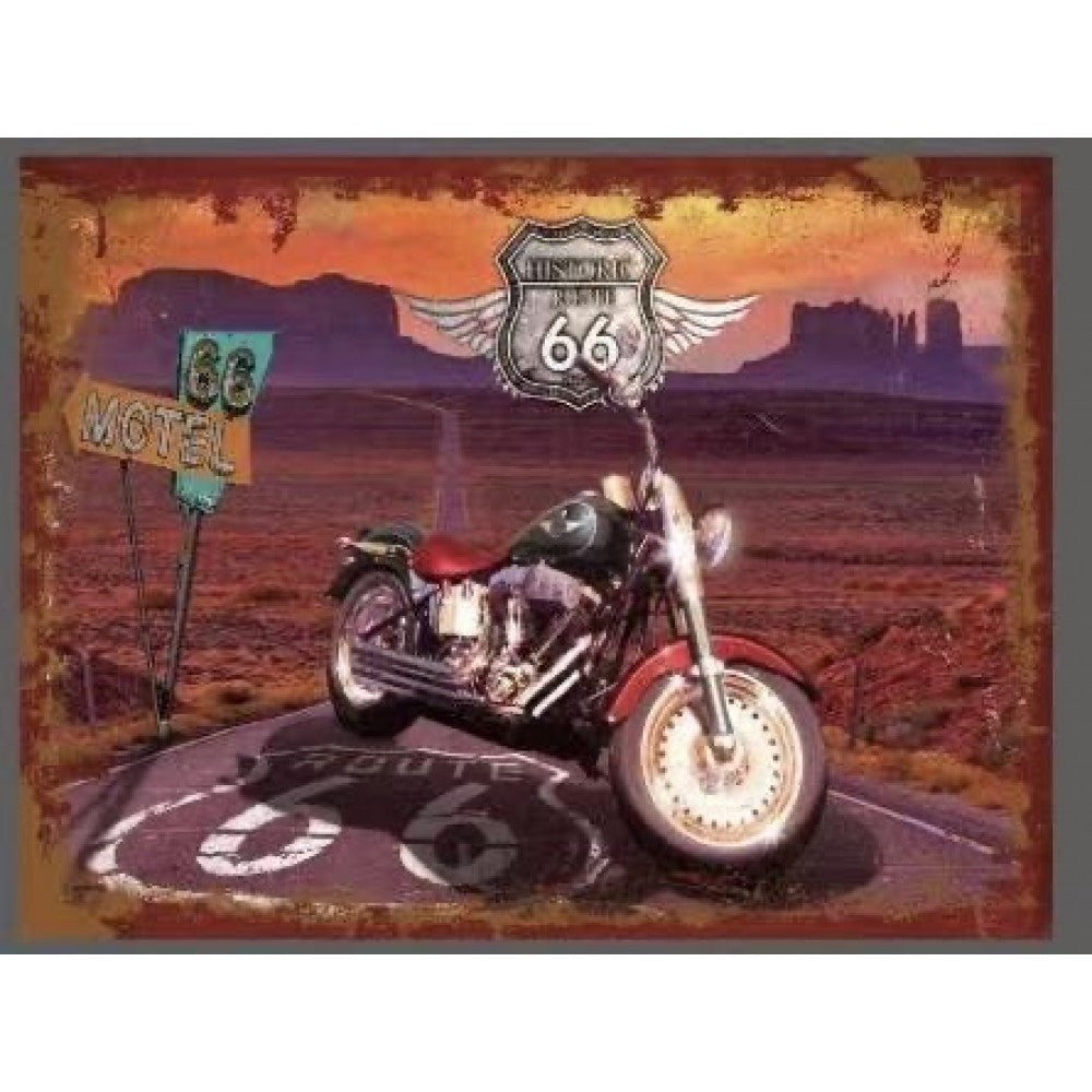 Metal sign print Motocycle on Route 66 Picture size 15x19 (minimum of 10)