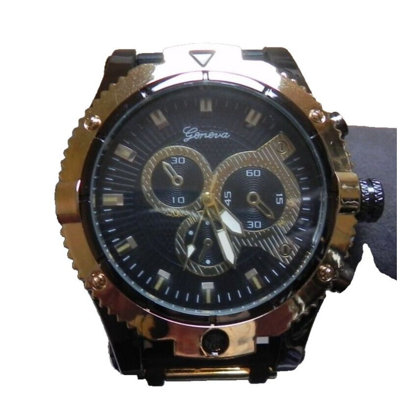 Geneva Chronograph Mens Quartz Watch Black and Gold Silicone Band NEW