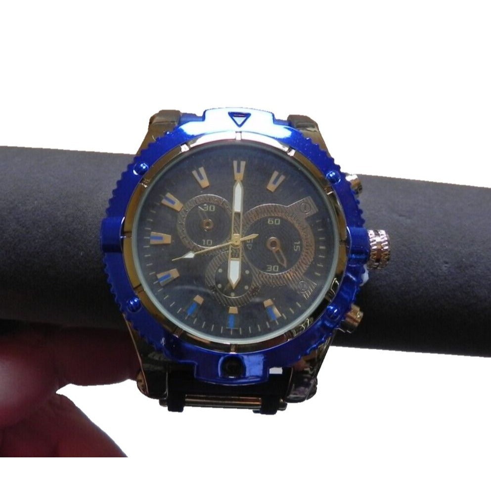 Chronograph Mens Quartz Watch Blue and Gold Silicone Band NEW
