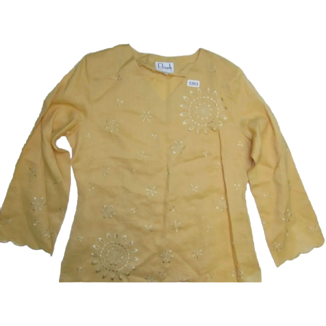 Elizeh New York Tops Yellow V-Neck Embroidered Long Sleeve Blouse - 18 **