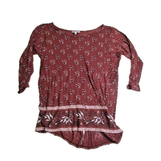 Lucky Brand Shirt Adult Small Maroon Slit Long Sleeve Floral Tunic Blouse Womens