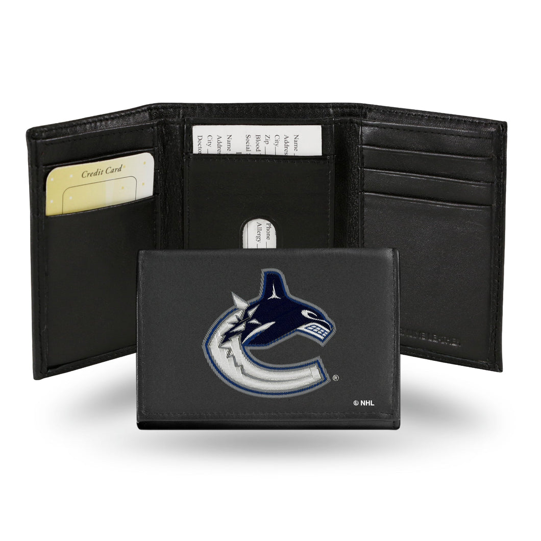 VANCOUVER CANUCKS BLACK EMBROIDERED GENUINE LEATHER TRI-FOLD WALLET