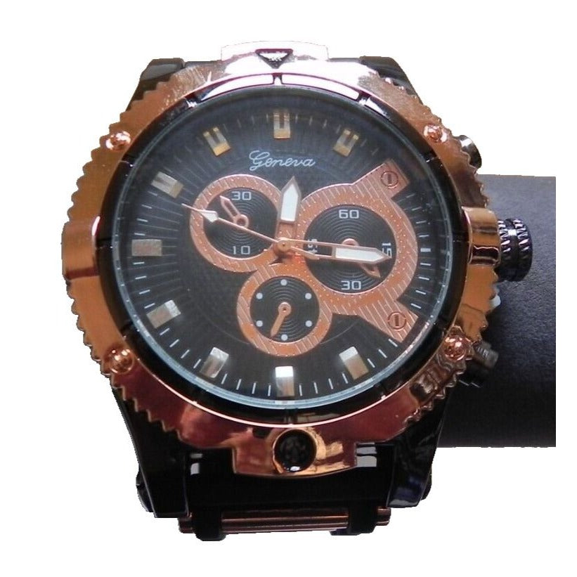 Geneva Chronograph Mens Quartz Watch Black and Copper Silicone Band NEW
