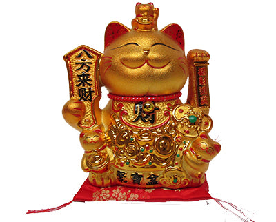 10″ GOLD CERAMIC WAVING CAT W/YUAN BAO & RU YI