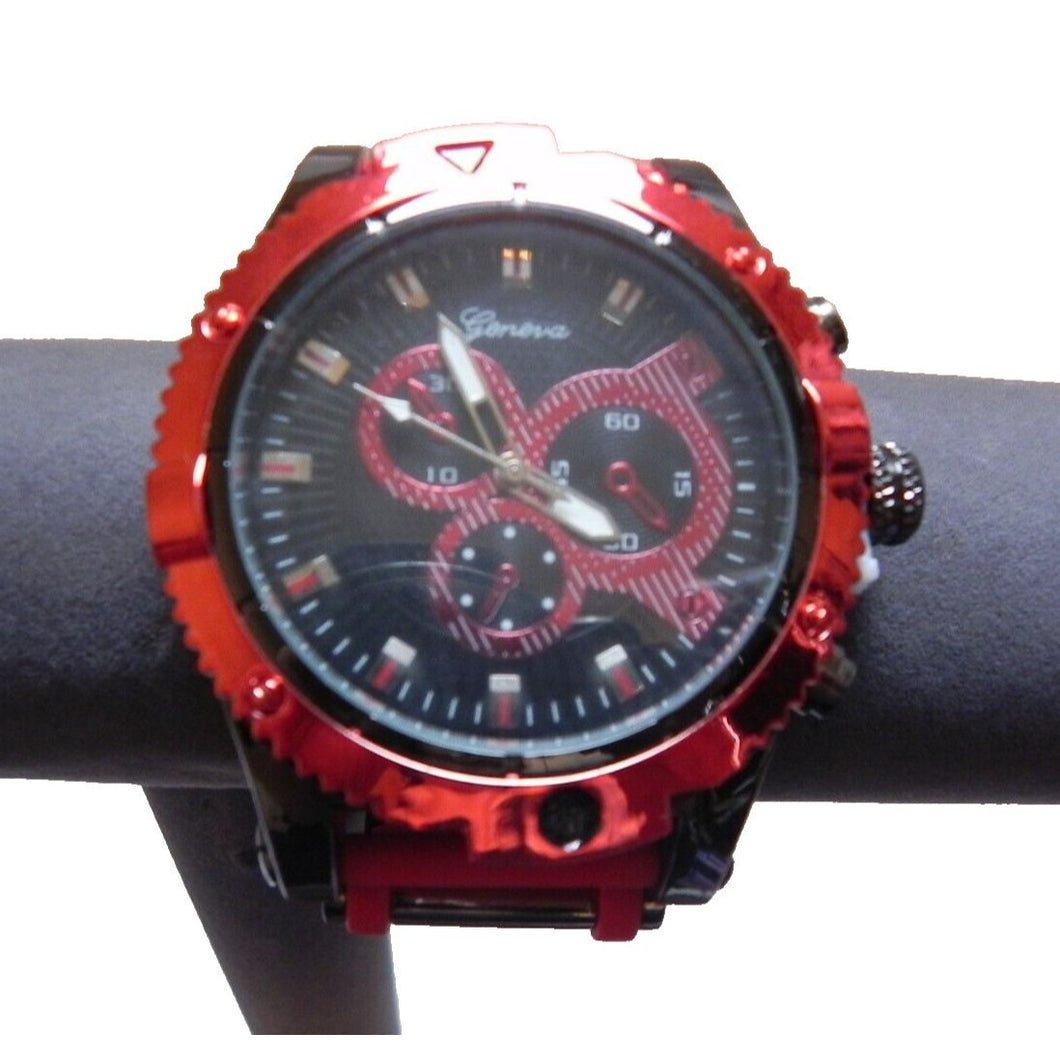Geneva Chronograph Mens Quartz Watch Red and Black Silicone Band NEW
