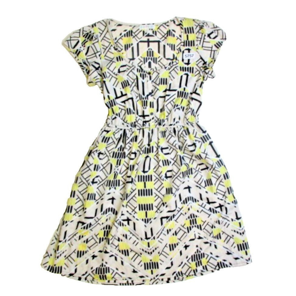 Love Fire Dress  Womens Small White Yellow Geometric Fit & Flare Sundress Casual