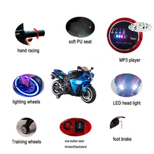 Load image into Gallery viewer, TAMCO-T1 blue kids motorcycle ,12V wheels with light, hand drive , PU seat, electric motorcycle Children ride on motorcycle
