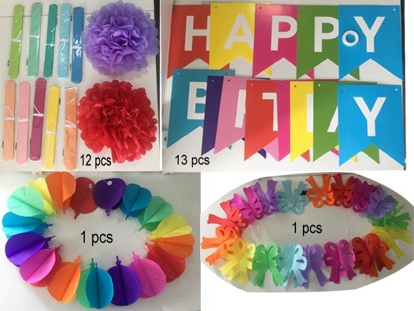 Happy Birthday Party Rainbow Color Paper Decorations  (available for purchase in increments of 1)